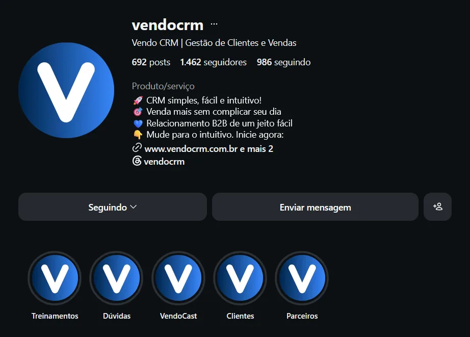 Perfil do Instagram @vendocrm
